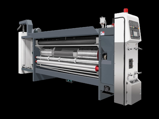 Kardus bergelombang G6-1224 Tekanan bebas Struktur Feed Lead Edge Transfer vakum 4 printer warna + Slotter + Die Cutter + Vibrator + Stacker