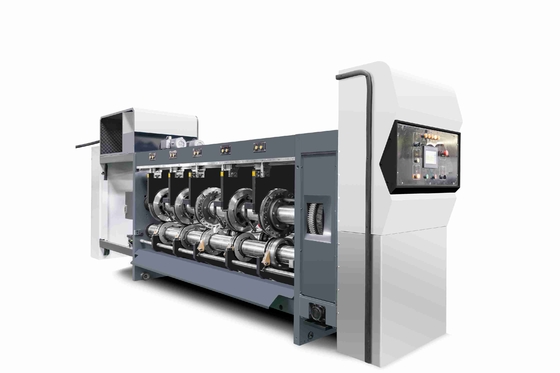 380V/50HZ/3PH Pressure Free Corrugated Cardboard G6-1224 Struktur Feed Lead Edge Vacuum Transfer 4 Color Printer + Slotter + Die Cutter + Vibrator + Stacker